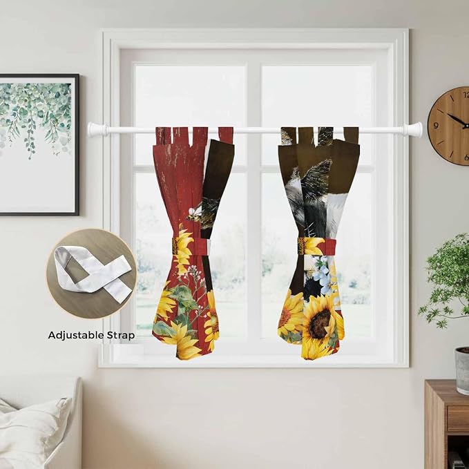 Cows Sunflowers Kitchen Curtains 45 Inch Length, Short Cafe Window Curtains Tab
