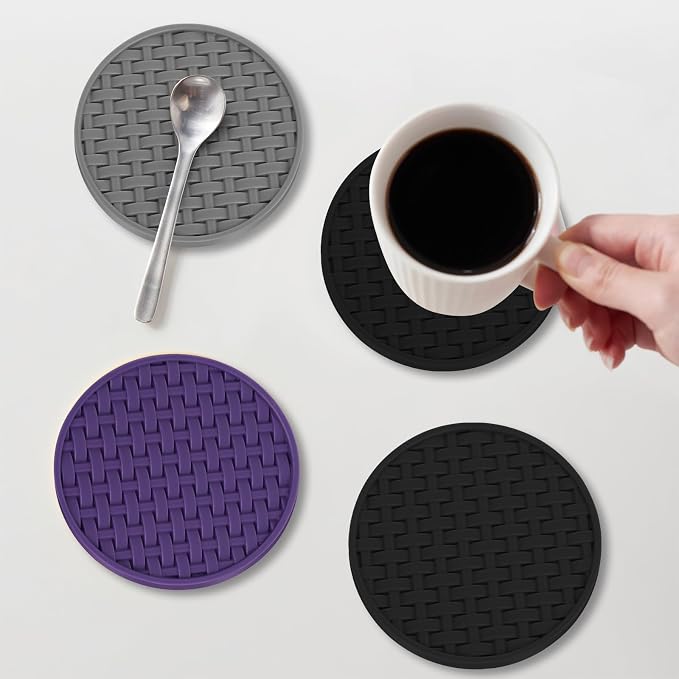4 Inch Black Silicone Drink Coaster Set of 6, Heat-Resistant Non-Slip Mats |