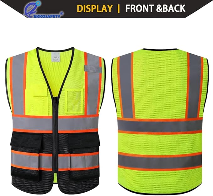 Reflective Mesh Safety Vest for Men Women with 5 Pockets and Zipper Front High Visibility Mesh Vest Hi Vis Construction Work Vest,Meets ANSI/ISEA Standards(EK175-Yellowblack-3XL)