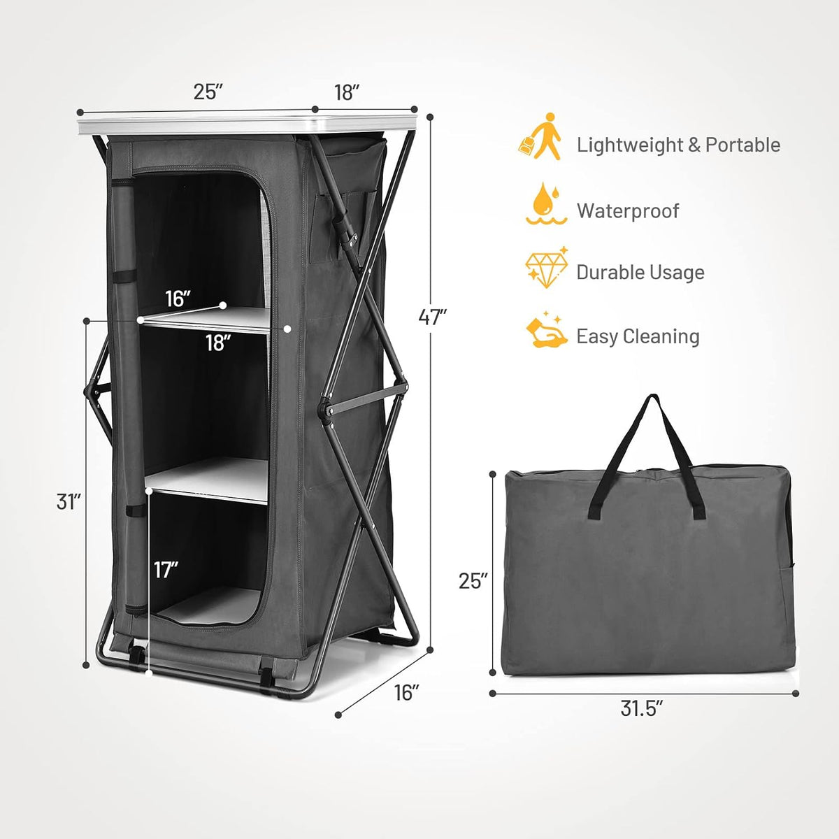 GIANTEX Folding Camping Storage Cabinet with 3 Shelves and Carry Bag, Portable Outdoor Organizer Kitchen Table, Quick Set-up for BBQ, Picnic, Backyard, Compact Pop-Up Cupboard, 47''H