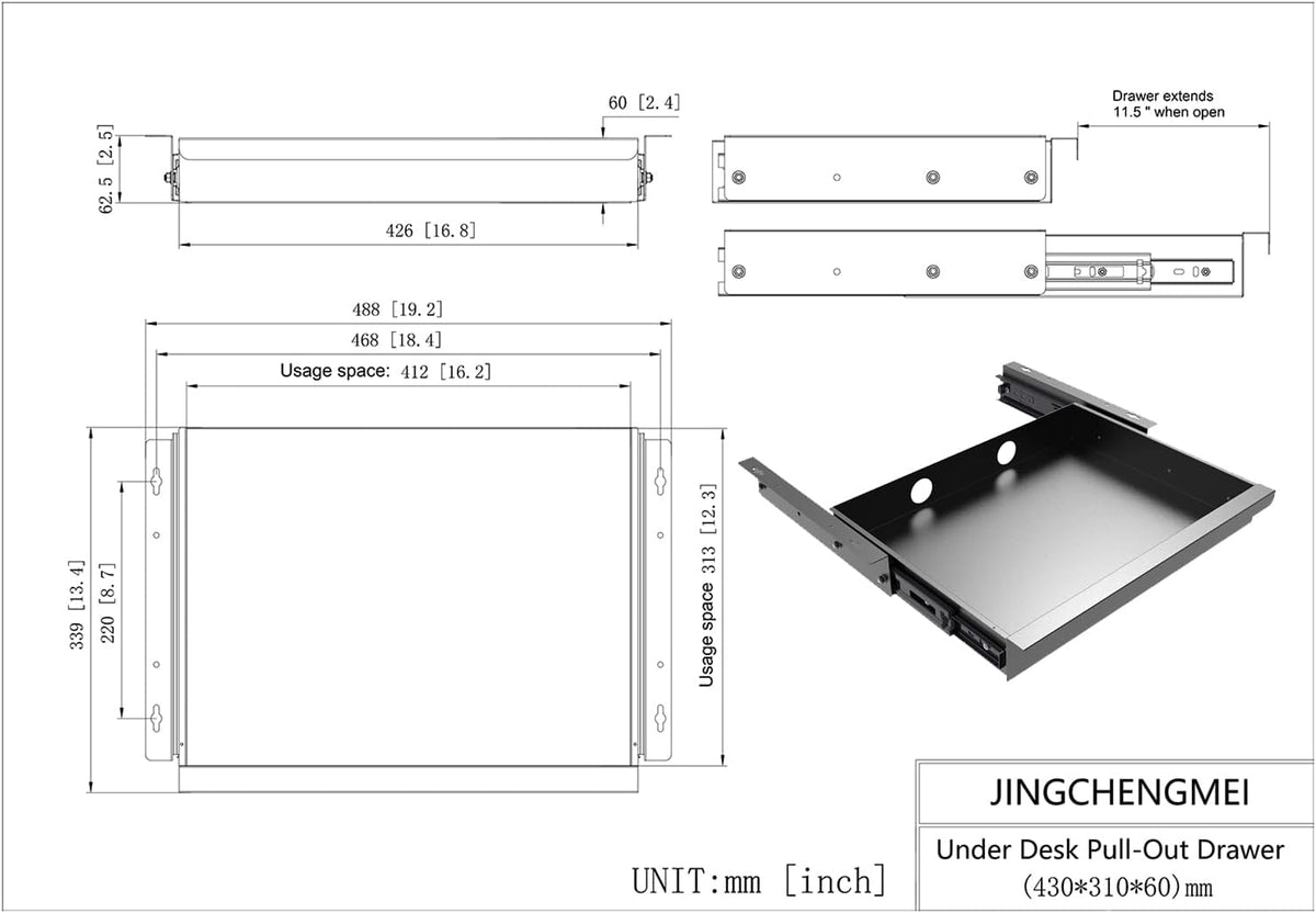 Under Desk Mounted Sliding Pull-out Drawer W 19.2" x D 13.4"