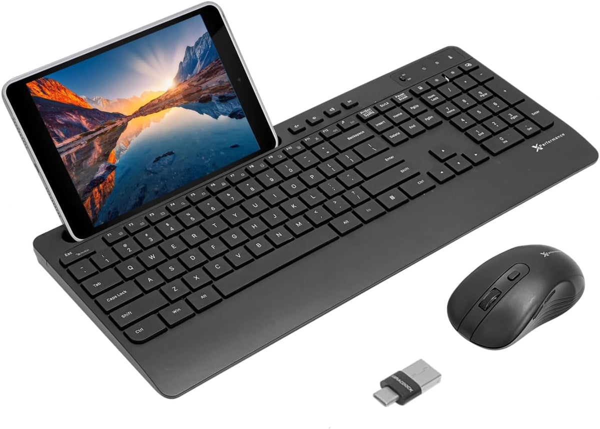 X9 Wireless USB-C Keyboard and Mouse Combo - Dual Port Compatibility (USB C + A) - Versatile Mouse Keyboard Combo Wireless w/ 8" Phone Stand and 113 Keys