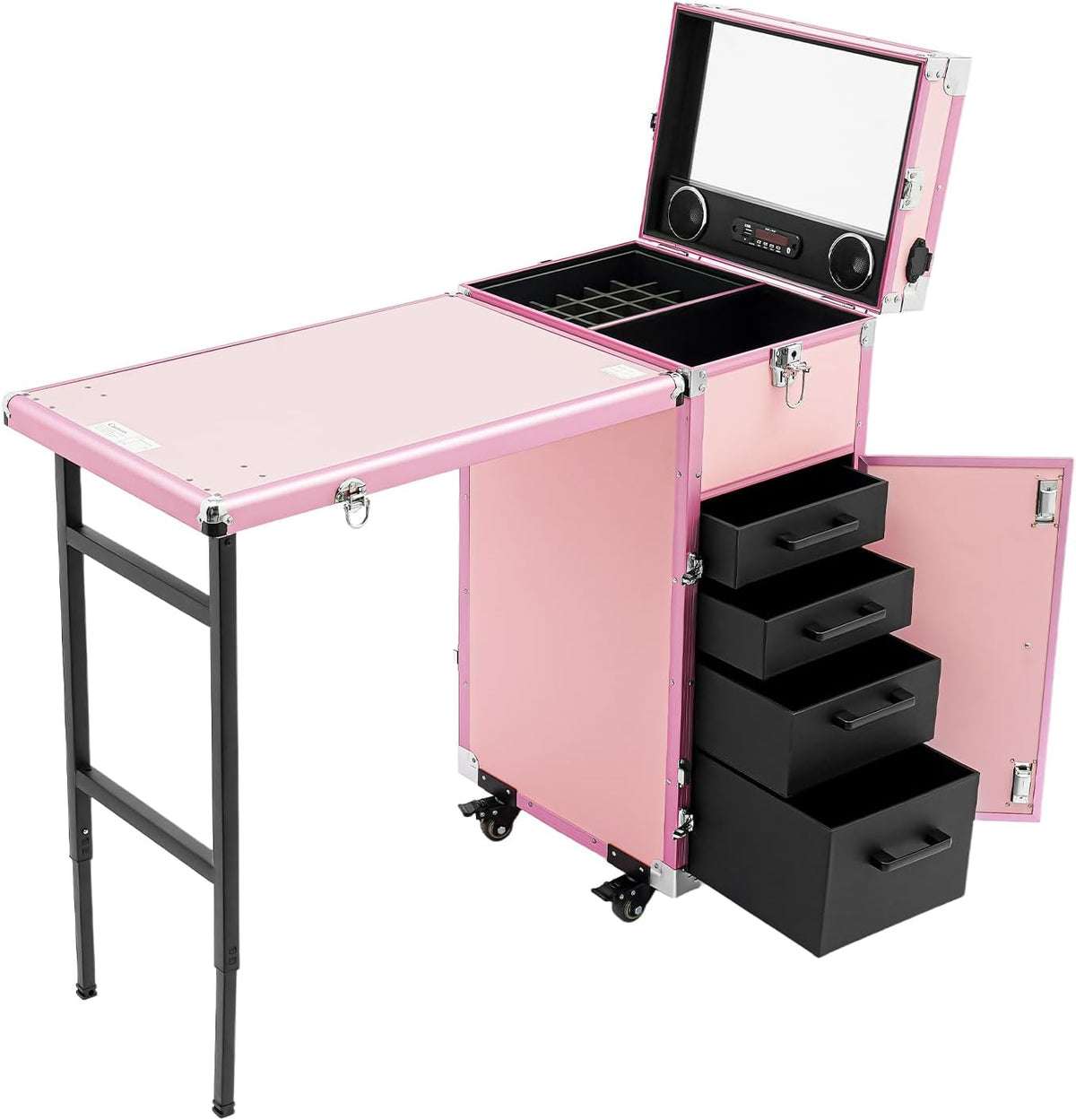 Foldable Rolling Travel Nail Desk, Professional Rolling Cosmetic Trolley with 4 Drawers & Lock, Trolley Storage Organizer for Makeup Artists, Stylists (Pink)