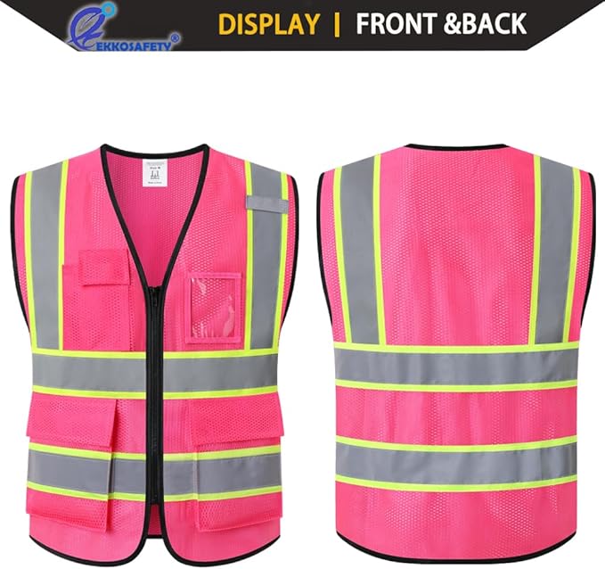 Safety Vest for Men Women,Mesh High Visibility Construction Work Vest with Reflective Strips,Meets ANSI/ISEA Standards(EK175-Mesh-Hot Pink-XL)