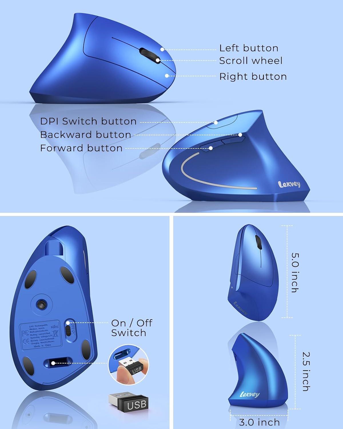 Lekvey Ergonomic Mouse, Rechargeable 2.4G USB Vertical Wireless Mouse, Blue