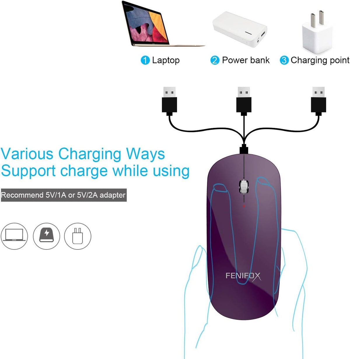 FENIFOX Bluetooth Mouse Slim, Whisper-Quiet Mini Flat Portable Mobile Mice Rechargeable Compatible with Laptop,PC,Android Windows Tablet - Deep Purple