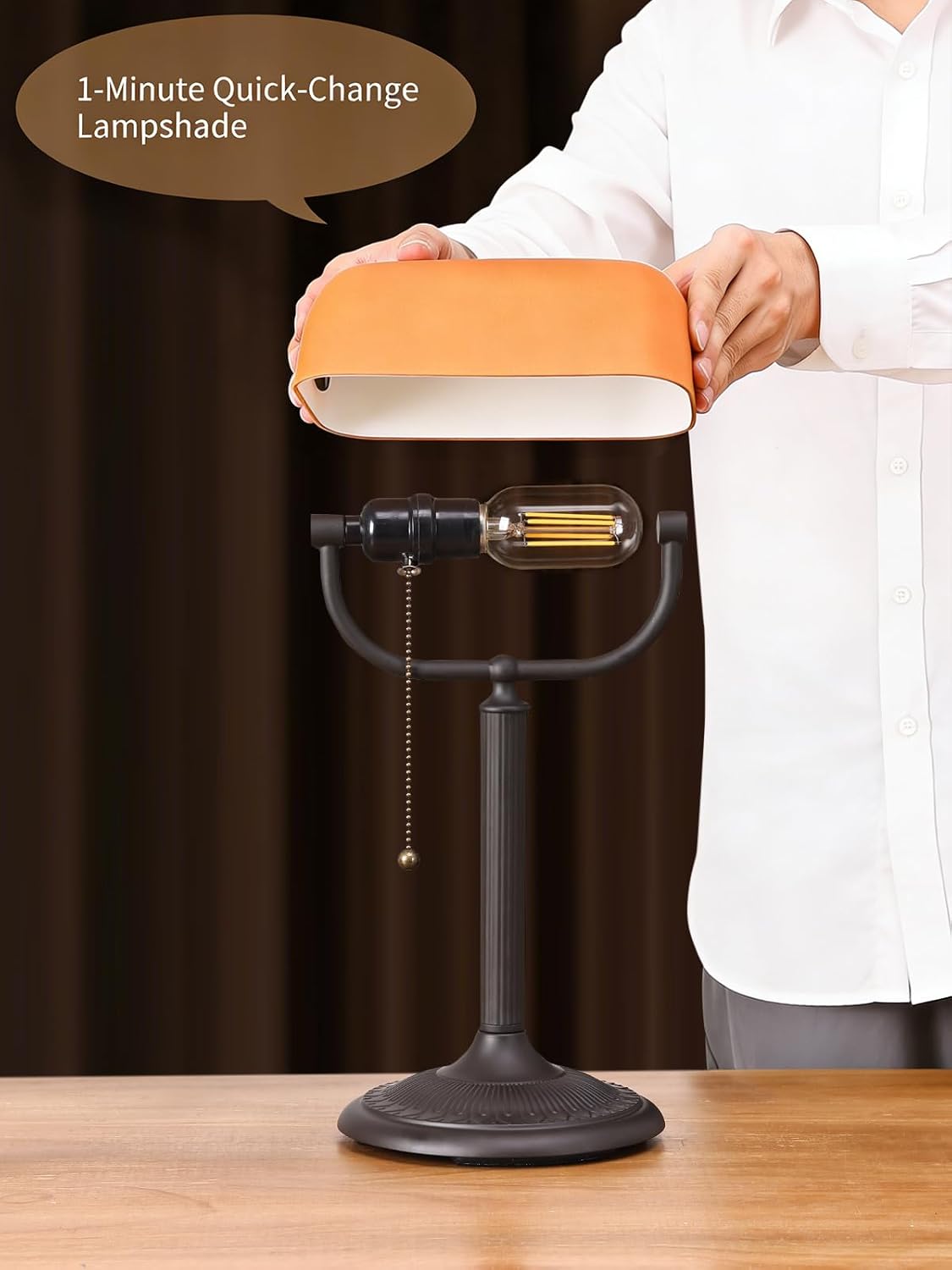 1-Minute Quick-Change Shade Matted Amber Glass Bankers Desk Lamp