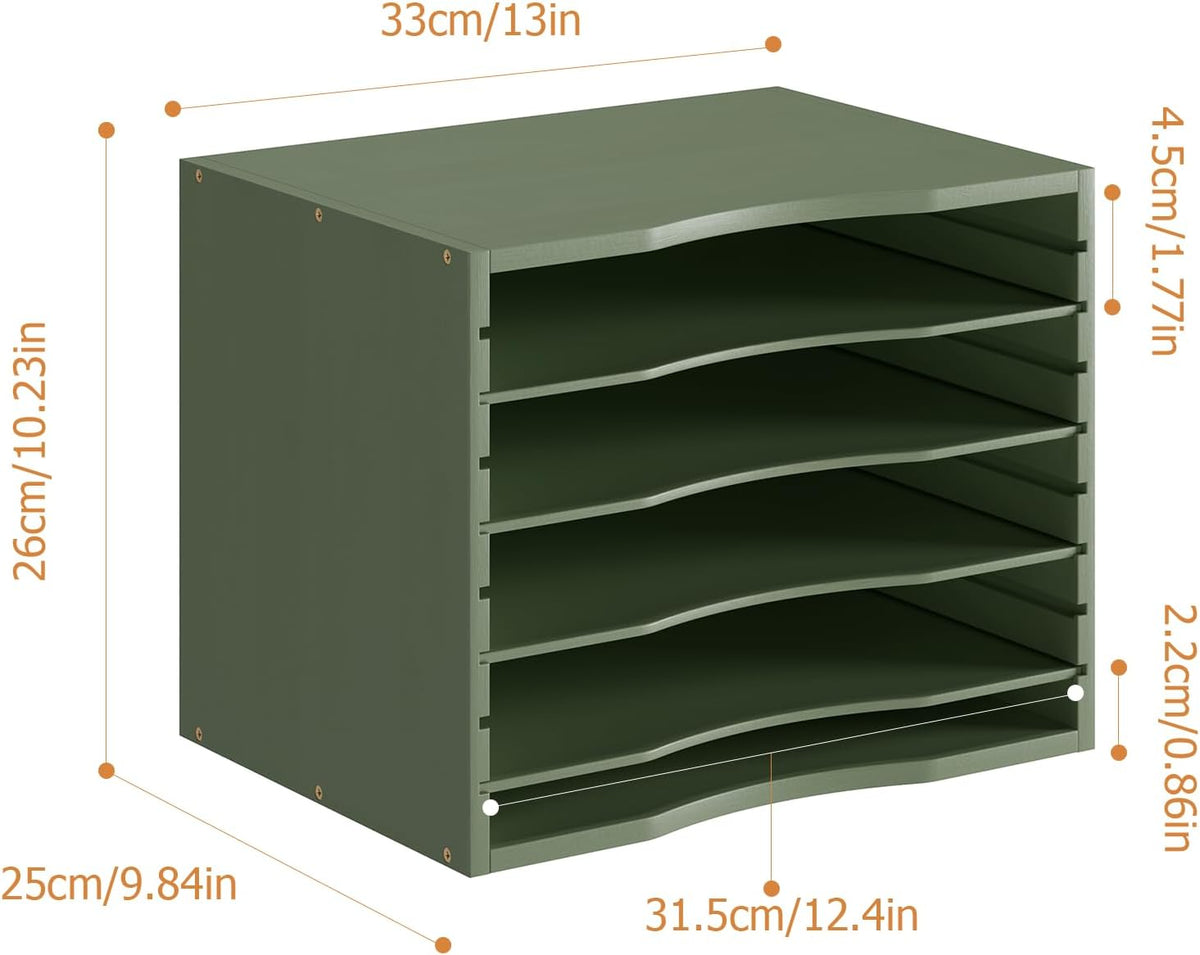 Bamjoy Bamboo 5 Tier Desktop Organizer, Paper Organizer Mail Sorter, File Holder Letter Document Storage with Adjustable Shelves for School Home Office, Forest Green