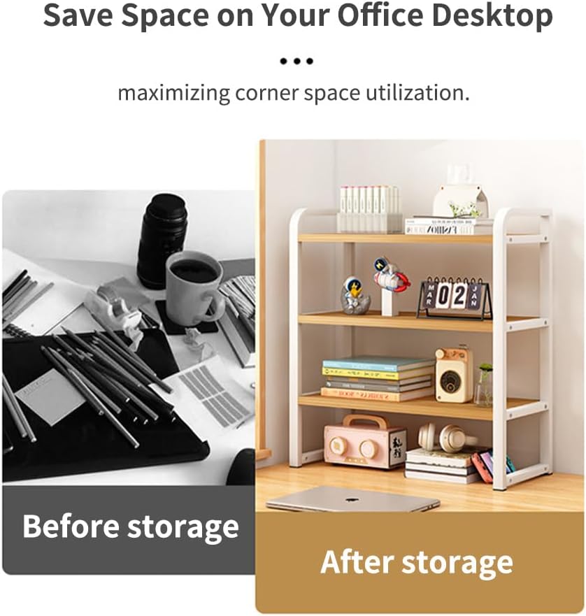 Office Desk Shelf Organizer, Wood Desktop Bookshelf Supplies Storage Rack, Shelf for Top of Desk and Dresser and Cubicle Decor Aesthetic Bookshelf (White Wood, three Tier 19.69 Lx7.87 Wx22.05 H)