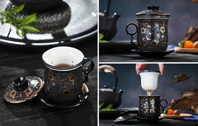 Porcelain Tea Cup with Infuser Lid and Saucer Sets