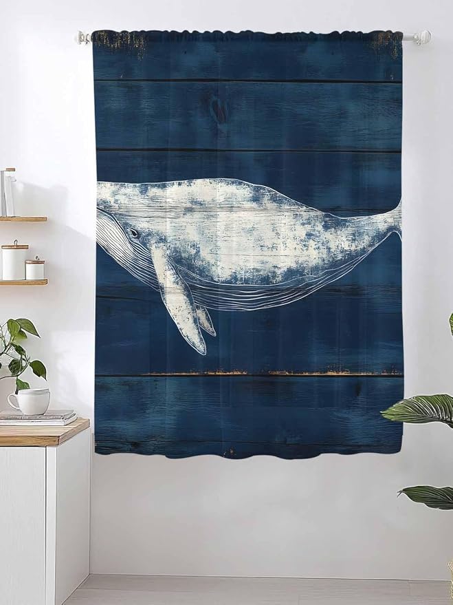 Sheer Curtains 63 Inch Length, Summer Whale Semi Sheer Curtains Light Filtering