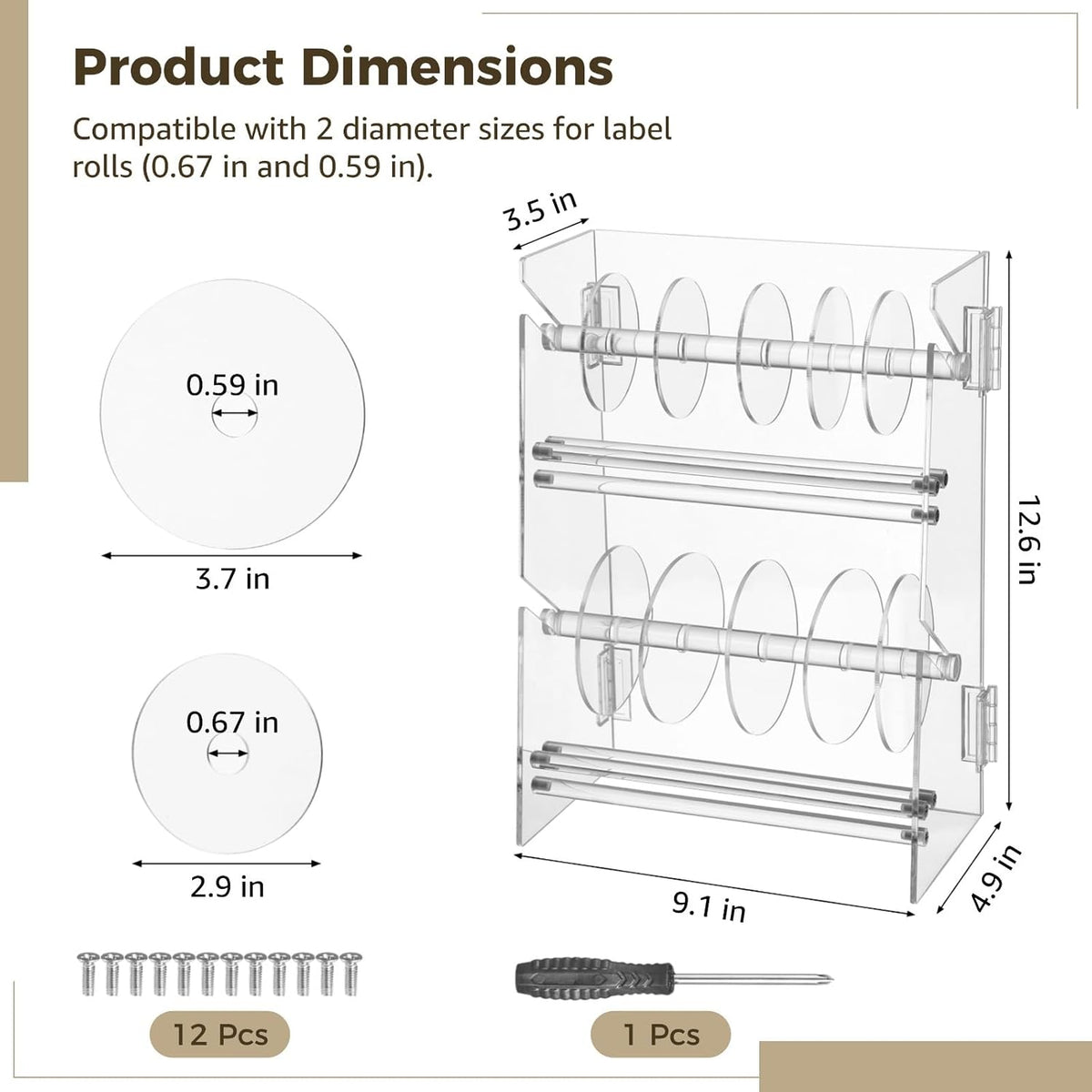 Double-Layer Acrylic Roll Sticker Dispenser, Foldable Label Roll Holder, 2-Tier Label Display Stand with Screwdriver & Screws, Transparent Label Organizer for Homes, Offices, Schools