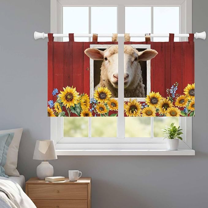 Sheep Sunflower Kitchen Curtains 24 Inch Length, Small Window Curtains Tab Top