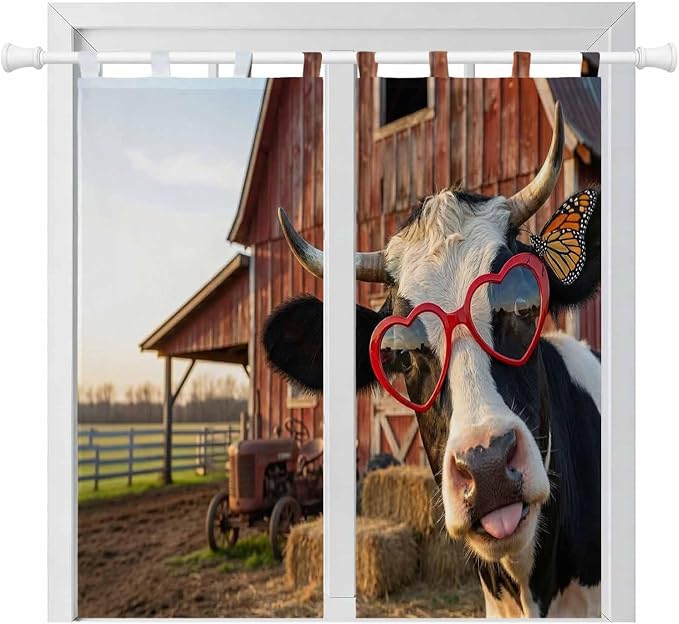 Farm Cows Bathroom Curtains 63 Inch Length, Window Curtains Tab Top, Farmhouse