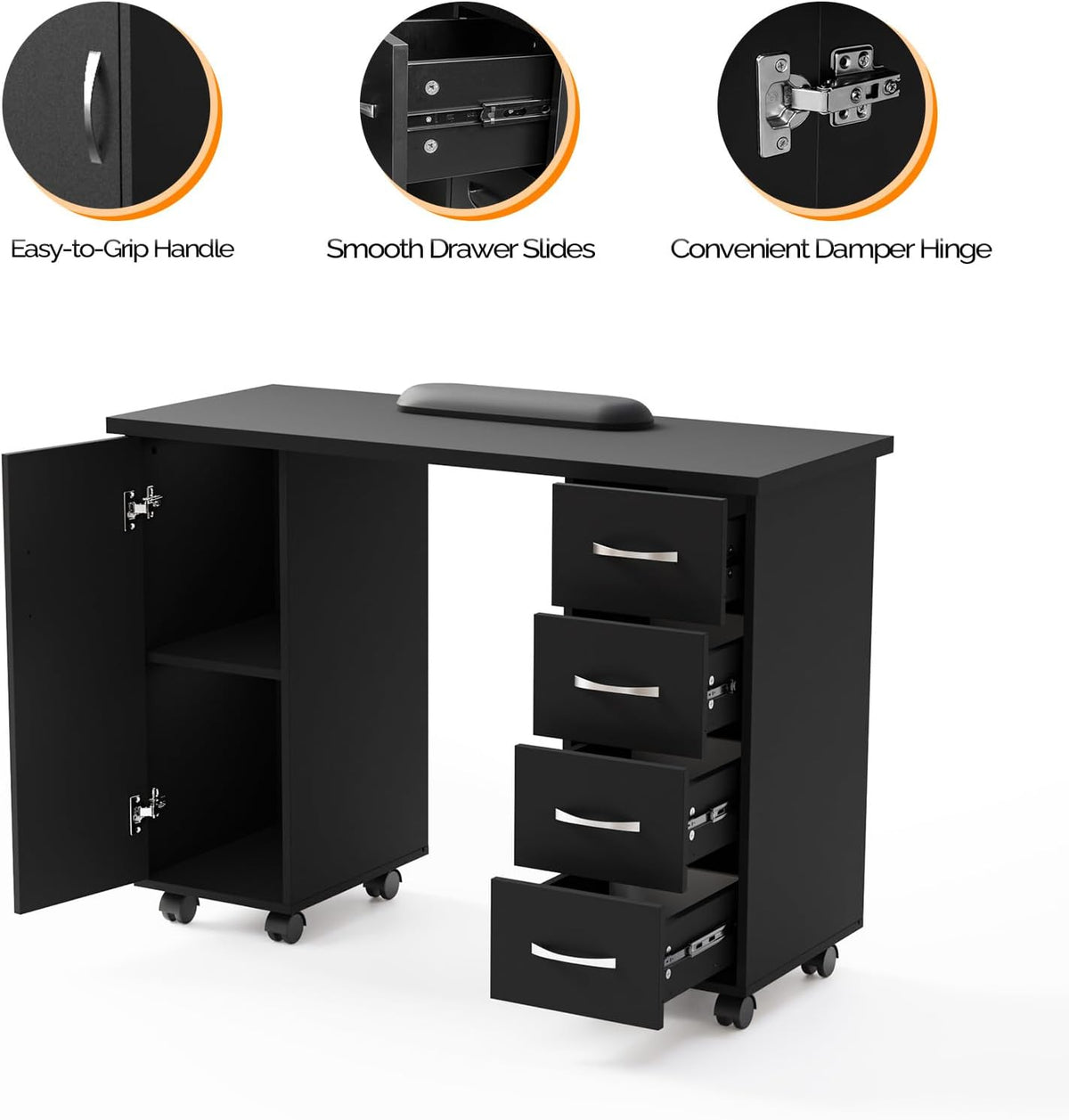 LEADZM Manicure Table Nail Desk w/Cabinet, Drawers, Wheels & Arm Rest, Spa Salon Beauty Home Wooden Technician Workstation Nail Art Equipment for Nail Tech, 43.3" L x 31.5" H x 17.7" W (Black)