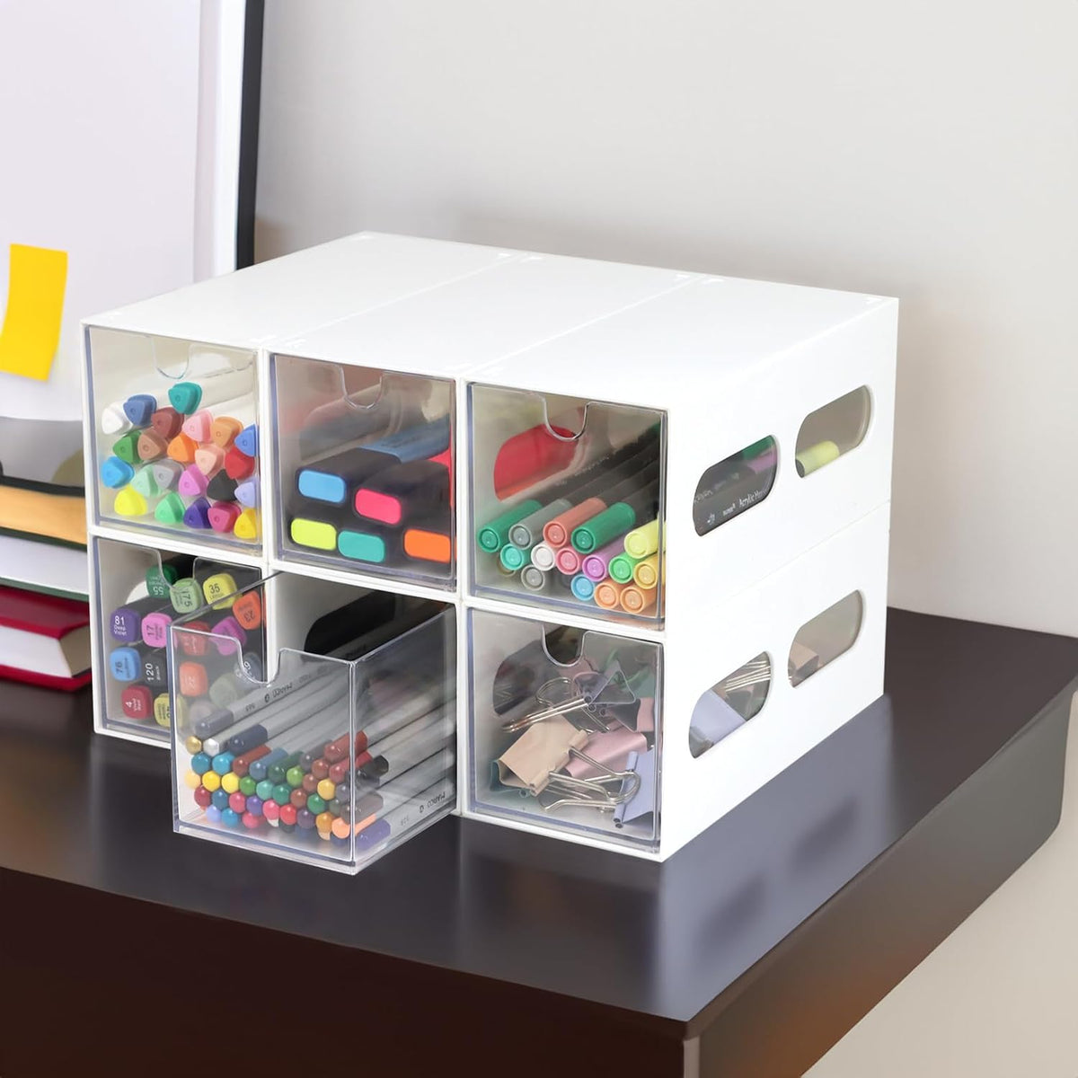 ZEXALOR Drawer Organizer Desktop Office Supplies Desk Organizer and Storage Stationary Make Up Jewelry Pen Storage Drawer, Clear Accessories Makeup Organizer Countertop Storage (White, 6 Pack)