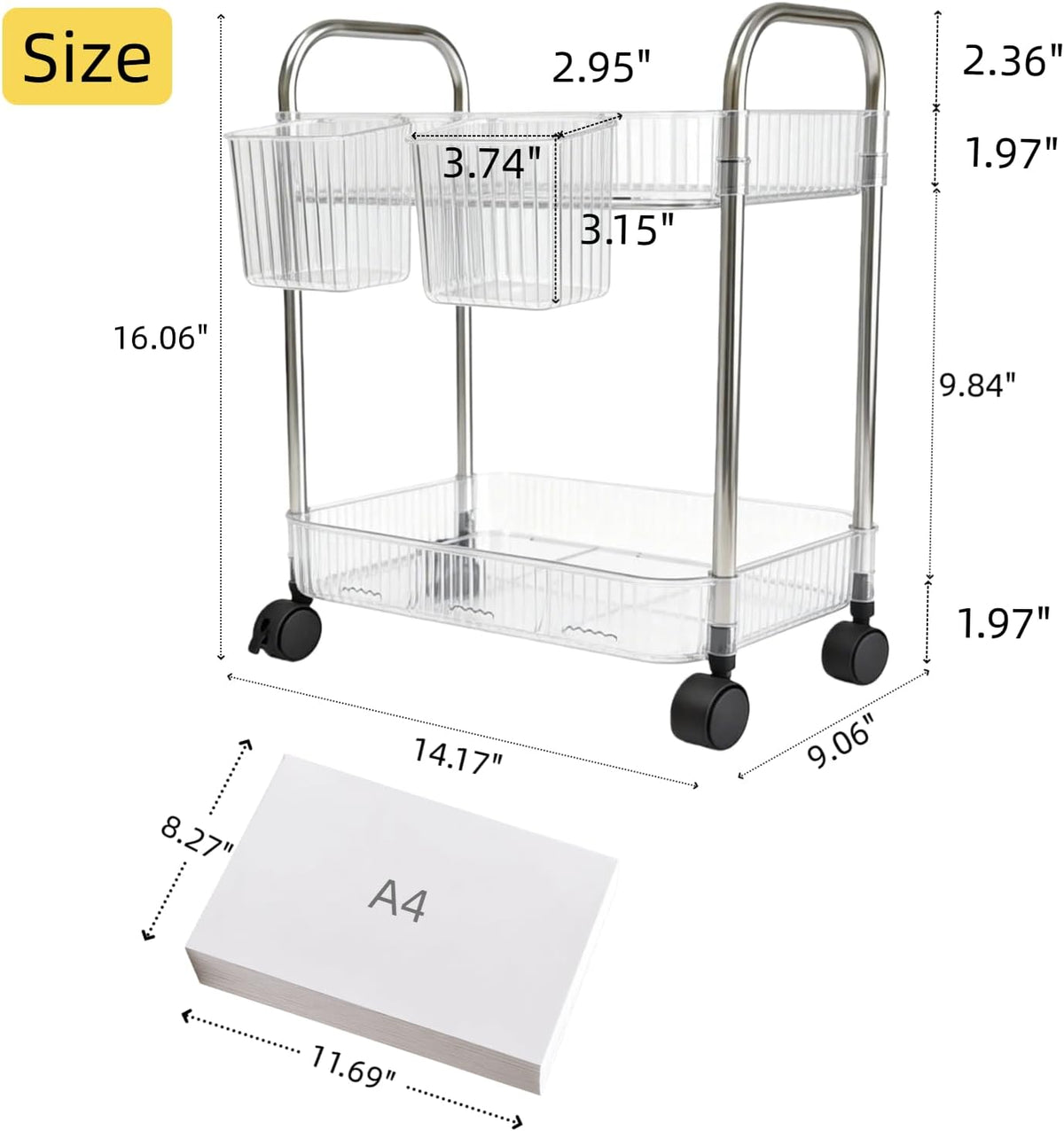 2 Tier Utility Rolling Cart with Wheels Sofa Side Table Small Under Desk Storage Organizer, Clear Acrylic Plastic Mobile Trolley Organization Storage Cart for Kitchen Pantry Bathroom Vanity