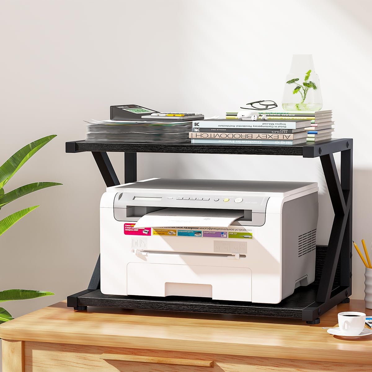 aboxoo Desktop Printer Stand with 2 Tier Wood Storage Shelves,Under Desk Printer Table,Multi-Purpose Home Office Desk Organizer for Fax Machine, Scanner (Black)