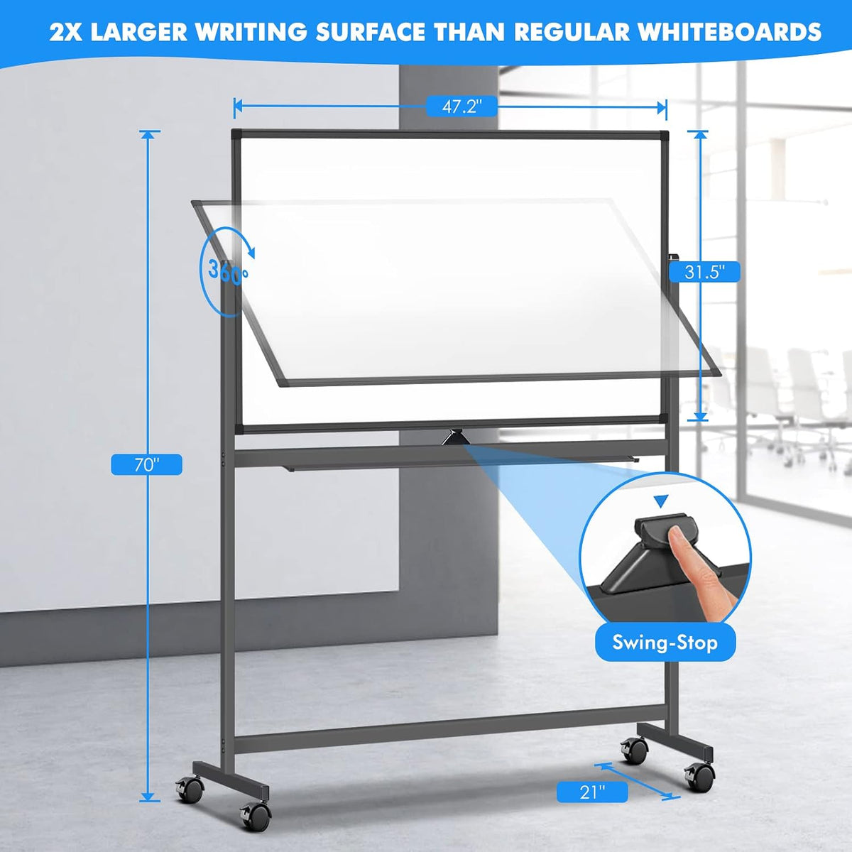 Maxtek Rolling White Board on Wheels 48x32 in, Double-Sided Magnetic Black
