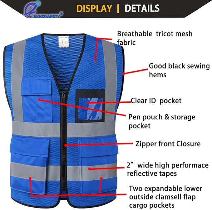 Hi Vis Reflective Safety Vest for Men Women Mesh High Visibility Vest with Pockets,Meets ANSI/ISEA Standards(EK170-Mesh-Blue-2XL)