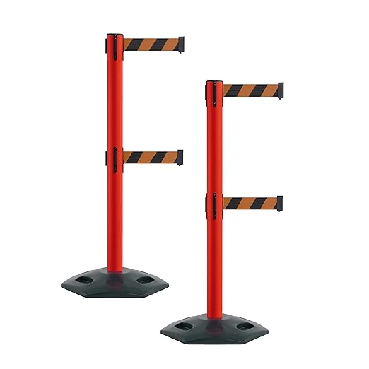 Montour Line MSR630D Set of 2 Retractable Belt Barrier Stanchion, Heavy-Duty Rubber Base, Red Post (7.5 ft Black and Orange Diagonal Dual Belt)
