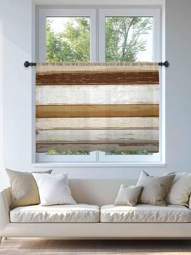 Sheer Curtains 54 Inch Length, Vintage Country Geometric Striped Privacy Voile