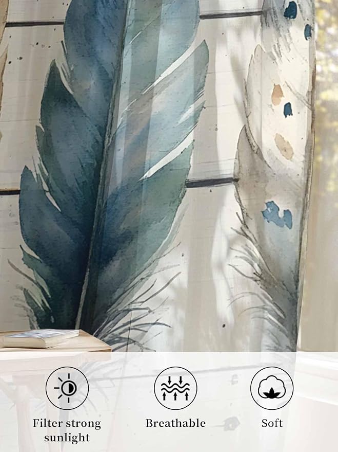 Sheer Curtains 45 Inch Length, Boho Blue Feathers Semi Sheer Curtains Light