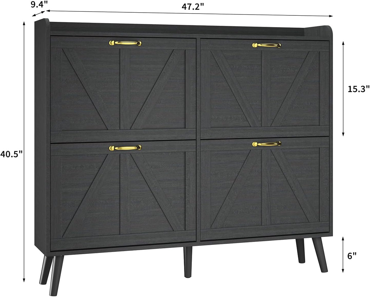 Farmhouse Shoe Cabinet Storage with 4 Flip Drawers, Black丨Shoe Cabinet for Entryway Slim, Freestanding Shoe Cabinet, Farmhouse Shoe Organizer Hidden Shoe Cabinets with Wooden Legs