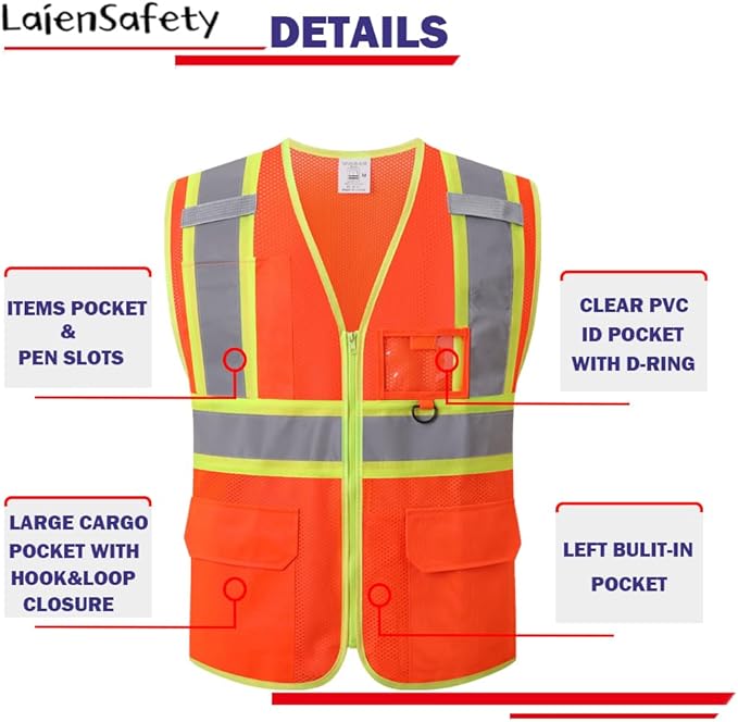 Reflective Safety Vest for Men Women with Multiple Pockets Class 2 High Visibility Mesh Vest Hi Vis Construction Work Vest,Meets ANSI/ISEA Standards(EK1-178-Orange-L)