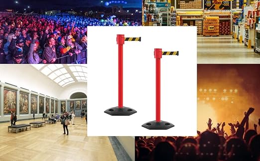 Montour Line MSR760 Set of 2 Retractable Belt Barrier Stanchion, Rubber Base, Red Post (35 ft Yellow with "Caution - DO NOT Enter" Black Letters Belt)