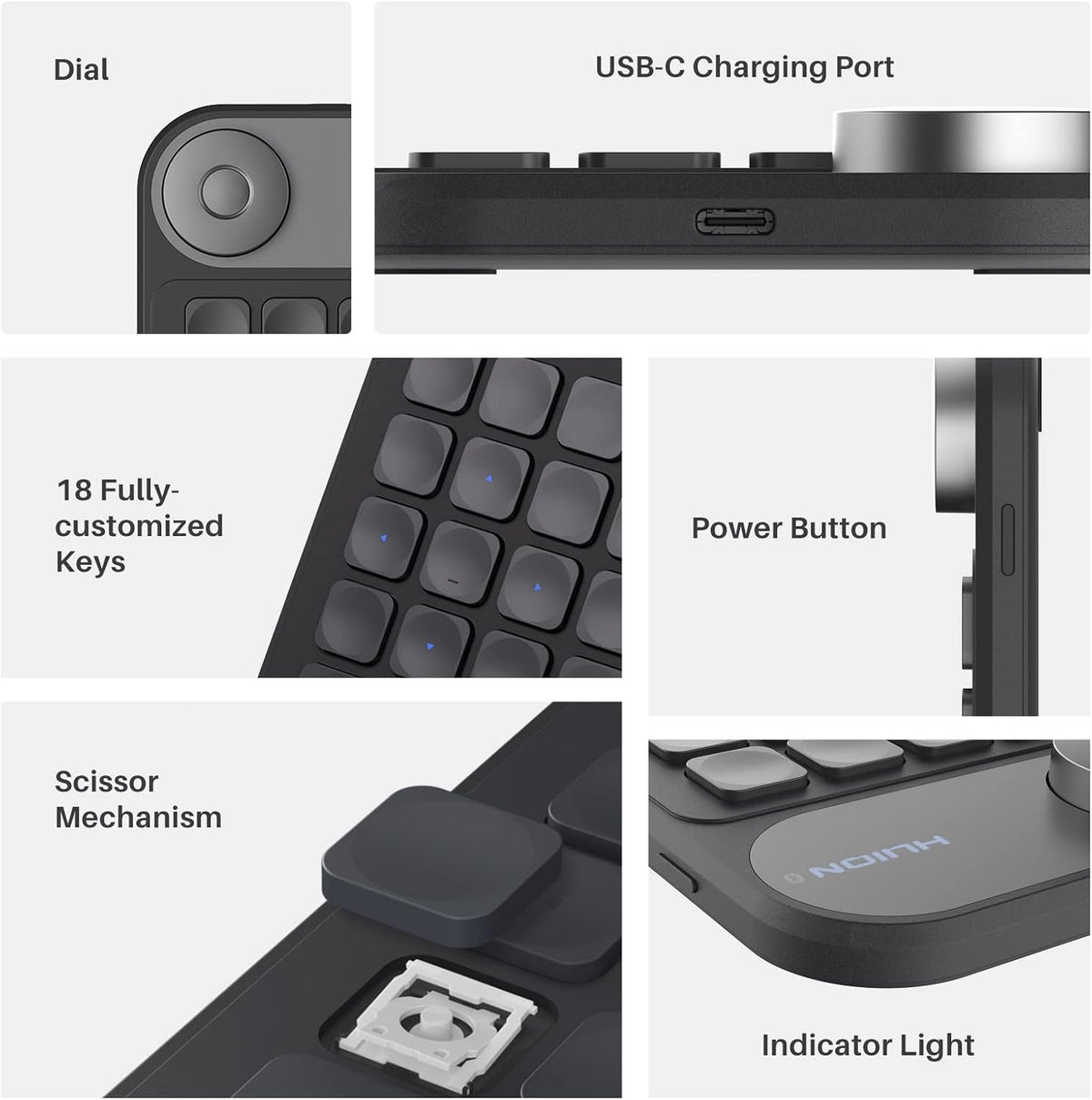 HUION Keydial Mini Bluetooth Programmable Keypad with Dial 18 Shortcut Keys