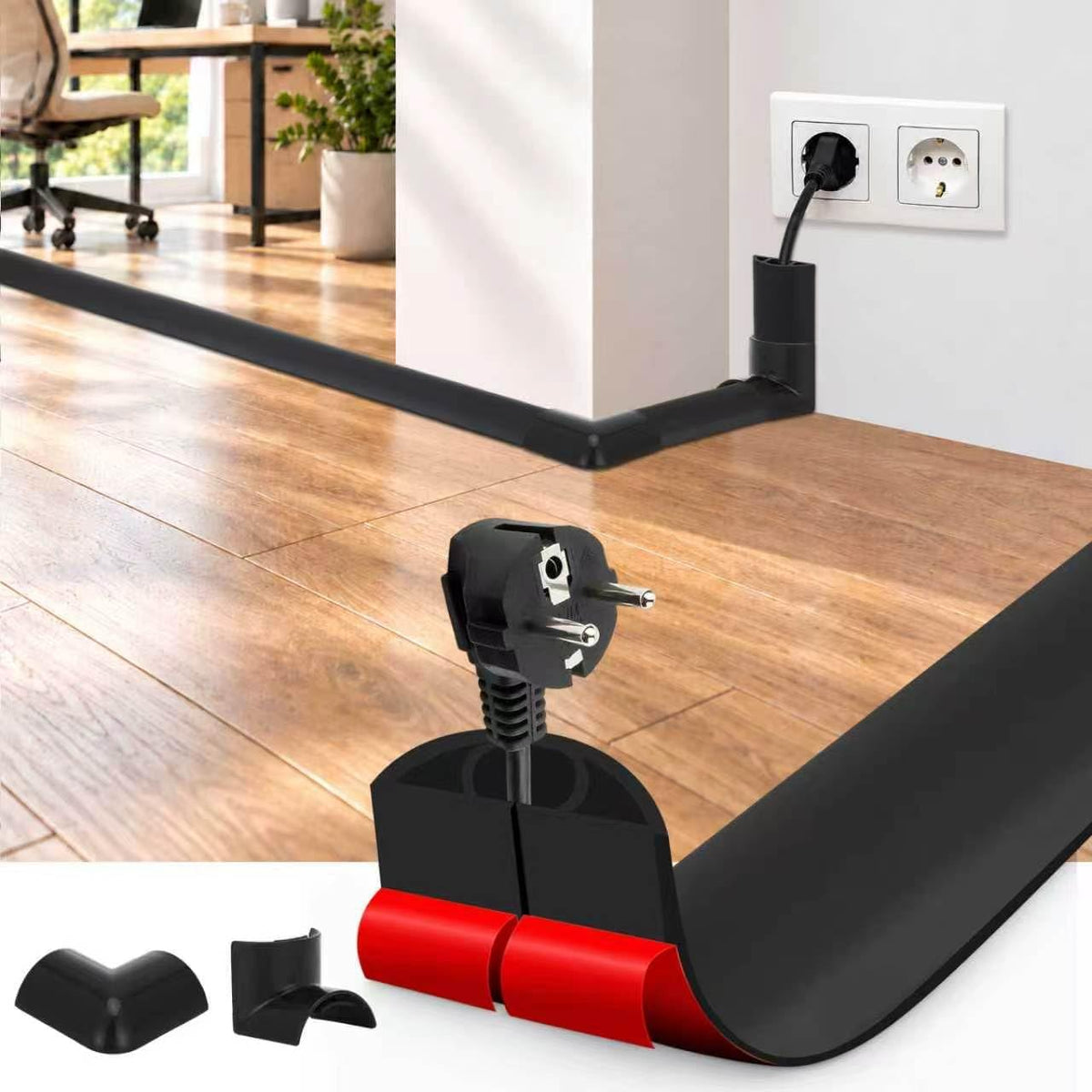 Floor Cord Cover Self Adhesive Cord Hider, Cable Management, Extension Strip Protector for Wires (Black, 1.18" x 20')