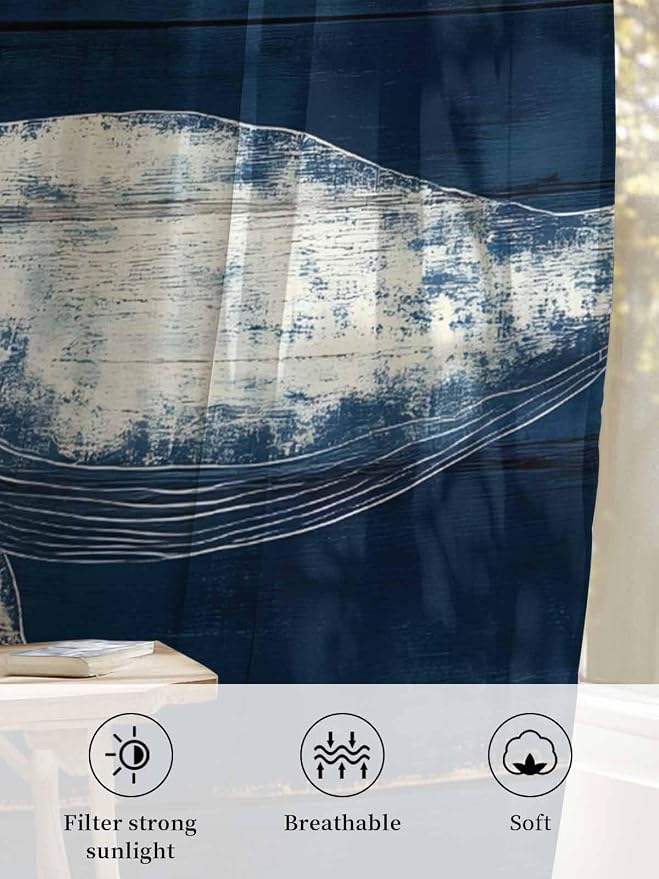 Sheer Curtains 72 Inches Long, Summer Whale Semi Sheer Curtains Light Filtering