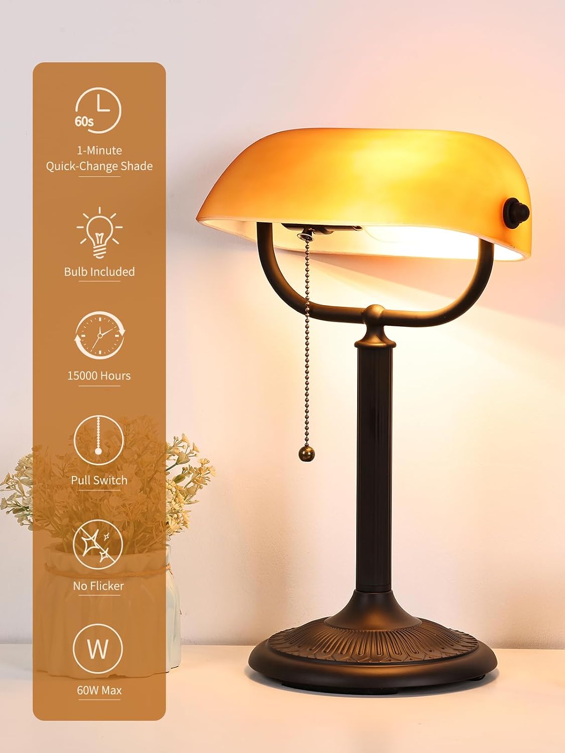 1-Minute Quick-Change Shade Matted Amber Glass Bankers Desk Lamp