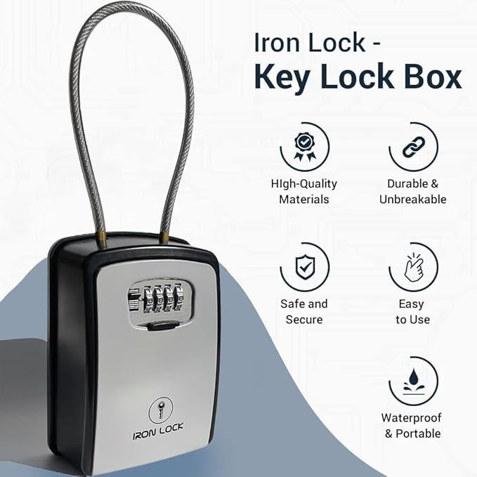Iron Lock® Key Lock Box Portable with Cable Shackle & Wall Mount – Waterproof Heavy Duty Metal Lock Box for Keys with 4-Digit Combination Code on Door Knob, Fence, Pipe or Gate (Grey, XXL)