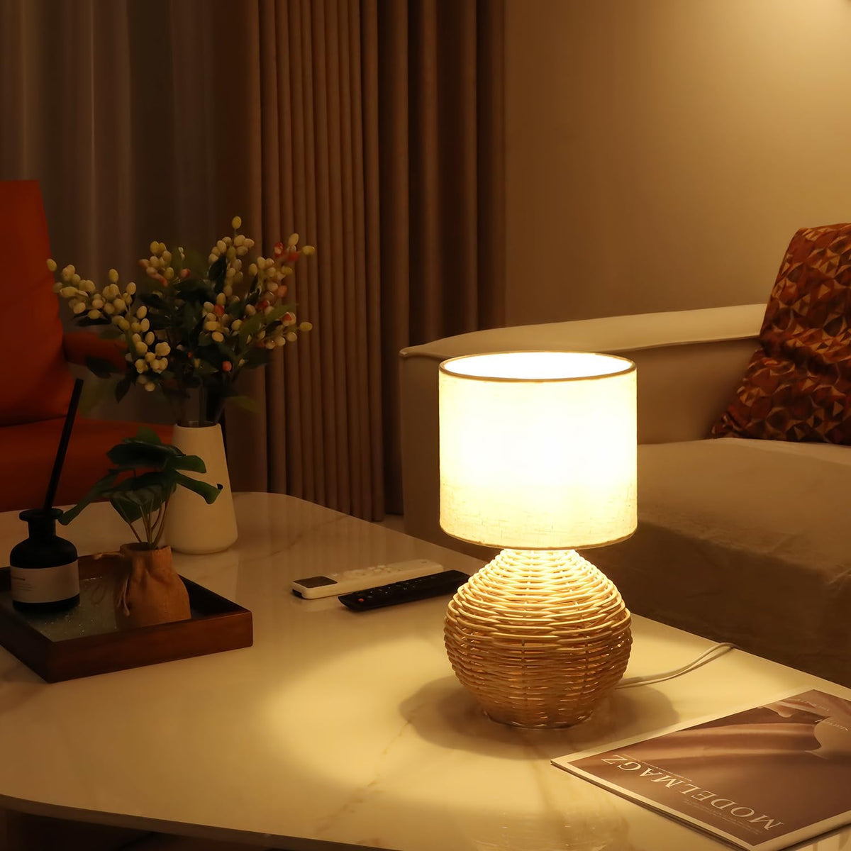 Rattan Table Lamp, Boho Farmhouse Style, Cotton Linen Lamp Shade, 6.2×6.2×11.8 Inch Small Table Lamp, with E12 LED Warm Light Bulb