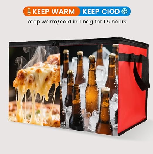 Insulated Food Delivery Bag with 4 Cup Holders, XXX-Large Insulated Grocery Bags Keep Food Hot/Cold, Cooler Bags with Drink Carrier, Food Carrier Catering Bag, Commercial Food Warmers, Red