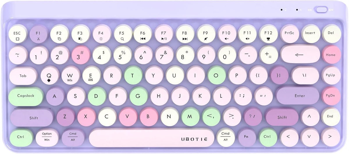 UBOTIE Portable Bluetooth Colorful Computer Keyboards, Wireless Mini Compact Retro Typewriter Flexible 84Keys Design Keyboard (Purple-Colorful)