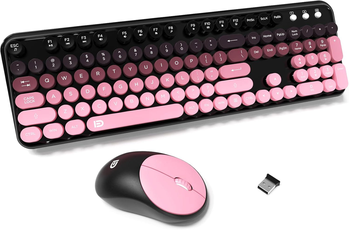 Wireless Keyboard and Mouse Combo, Cute Colorful Keyboard and Mouse, Full-Size Retro Typewriter Keyboard with 2.4GHz Plug & Play, for Windows 11/10/7, Laptop, PC -BlackBerry