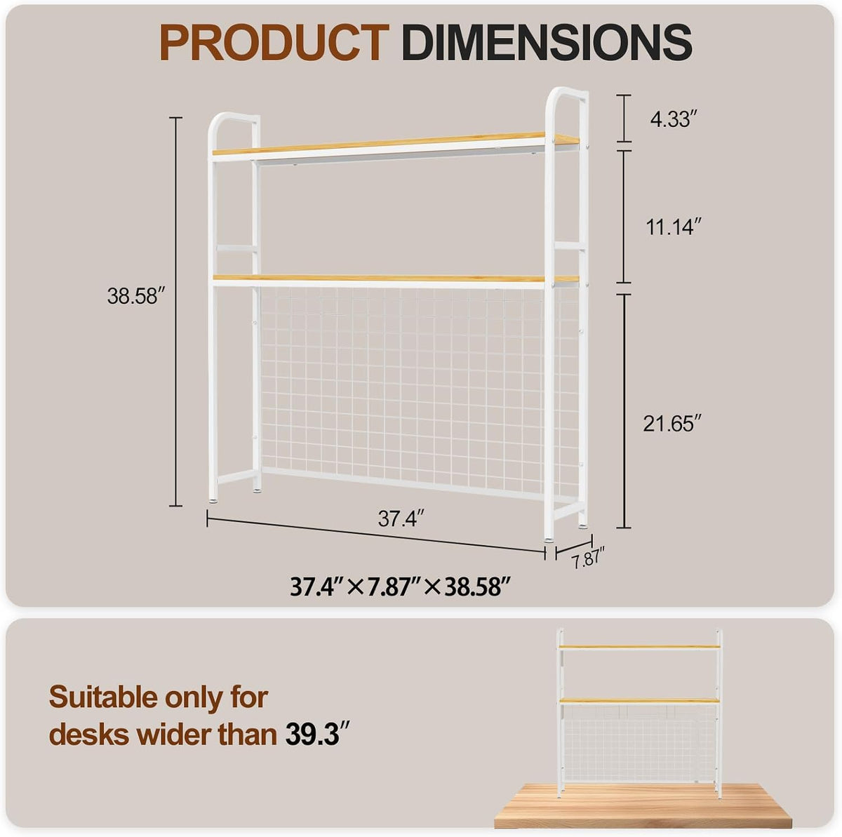 2-Tier Desk Shelf with Grid Panel, Freestanding, White, 37.4" W