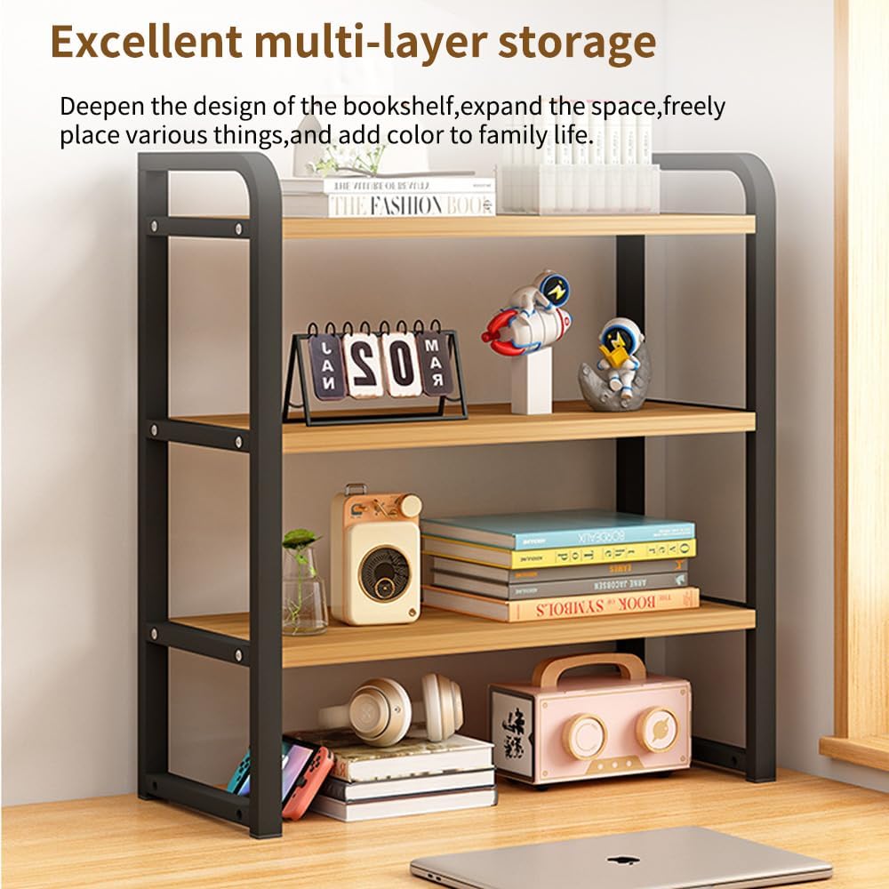 Office Desk Shelf Organizer, Wood Desktop Bookshelf Supplies Storage Rack, Shelf for Top of Desk and Dresser and Cubicle Decor Aesthetic Bookshelf (White Wood, three Tier 19.69 Lx7.87 Wx22.05 H)