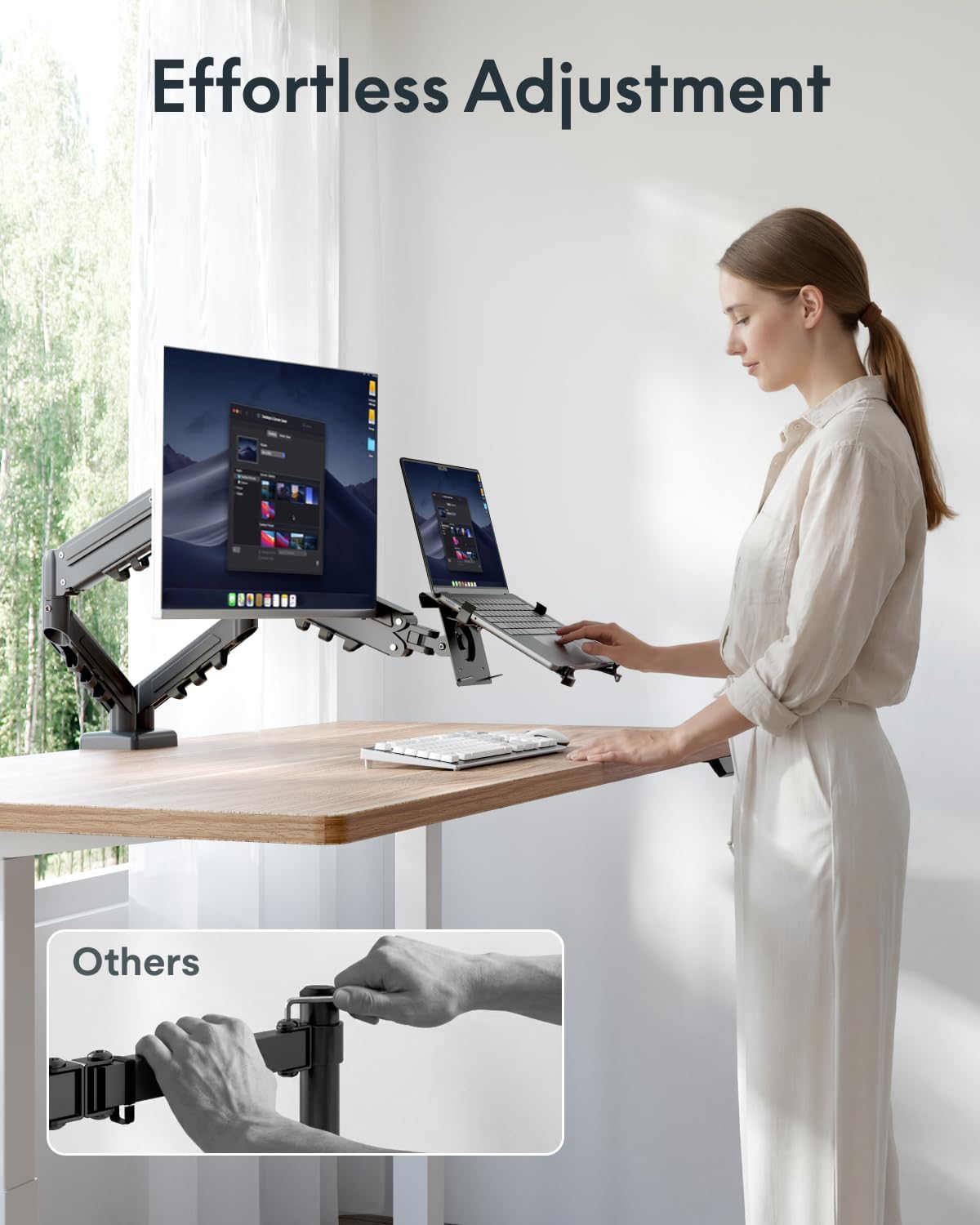FlexiSpot Laptop Mount, Dual Monitor Arm with Laptop Tray, Fits Up to 32 Inch Monitor and 17.3 Inch Notebook, Full Adjustable Gas Spring Holds up to 19.84lbs per Arm for Office & Home, Black