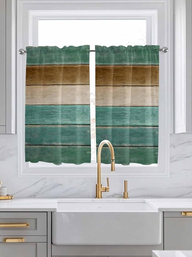 Vintage Plank Turquoise Brown Window Valance Curtains, Farmhouse Wood Grain