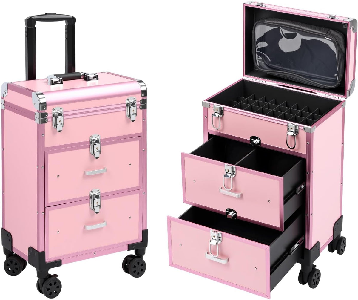 3 in 1 Rolling Makeup Case, Professional Cosmetology Case on Wheels, Detachable Clear Makeup Bag & Nail Polish Organizer, Portable Makeup Trolley with Drawers for Makeup Artists & Nail Technicians
