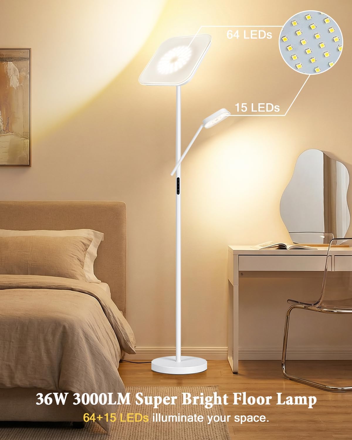 Floor Lamp, Upgraded 36W 3000LM Torchiere Super Bright LED Floor Lamp for Living Room, Stepless Dimmable Black Modern Standing Lamp with Remote & Touch Control, Tall Lamp for Bedroom, Office, White