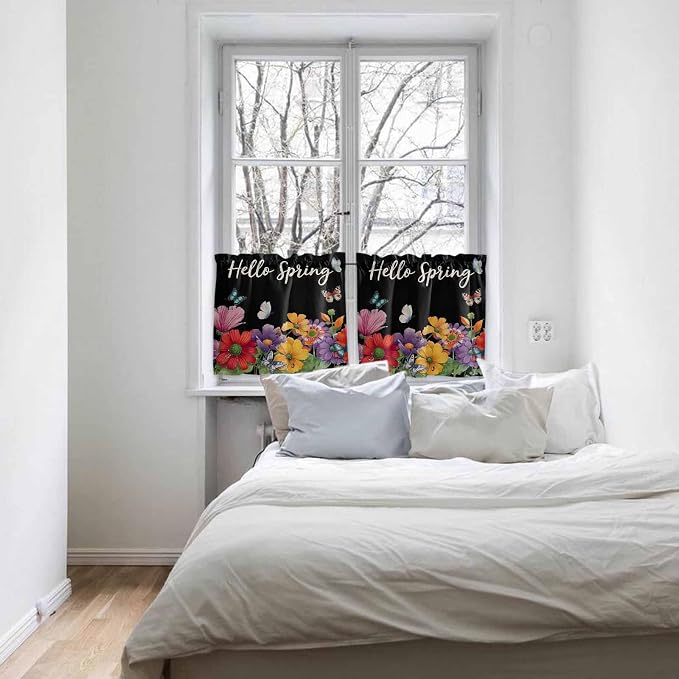 Spring Flowers Half Window Curtain 36 Inches Long, Watercolor Country Colorful