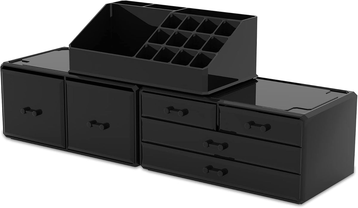 READAEER Makeup Organizer 3 Pieces Cosmetic Storage Case with 6 Drawers (Black)