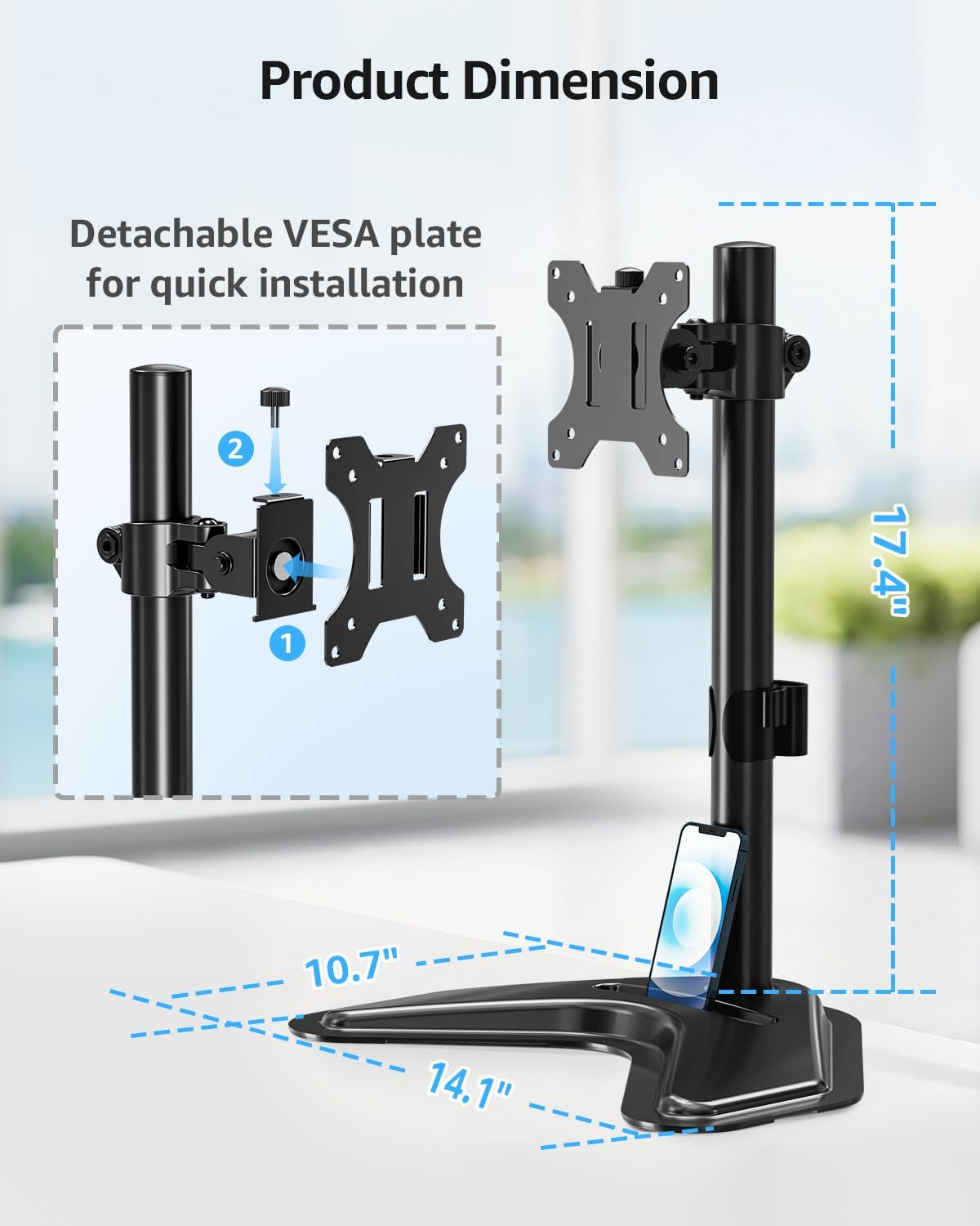 MOUNTUP Single Monitor Stands, Freestanding VESA Monitor Desk Mount fits 13'' to 32'' Computer Screen with Height Adjustable, Swivel, Tilt, Rotation, 17.6 lbs Load, For Home Office, VESA 75x75/100x100