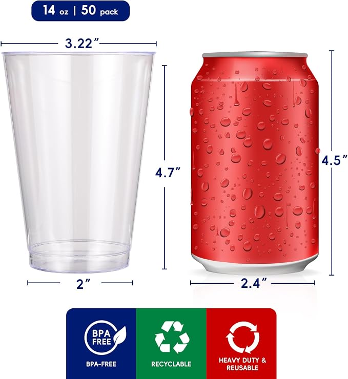 JOLLY CHEF 14 oz Clear Plastic Cups, 50 Pack Heavy-duty Party Glasses,