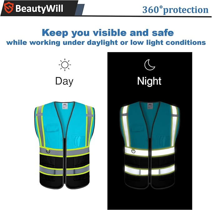 5 Pack Custom Safety Vest Customized Logo Mesh Vest Class 2 High Visibility Reflective Vest with Pockets Workwear（LightBlue Black，XXL ）